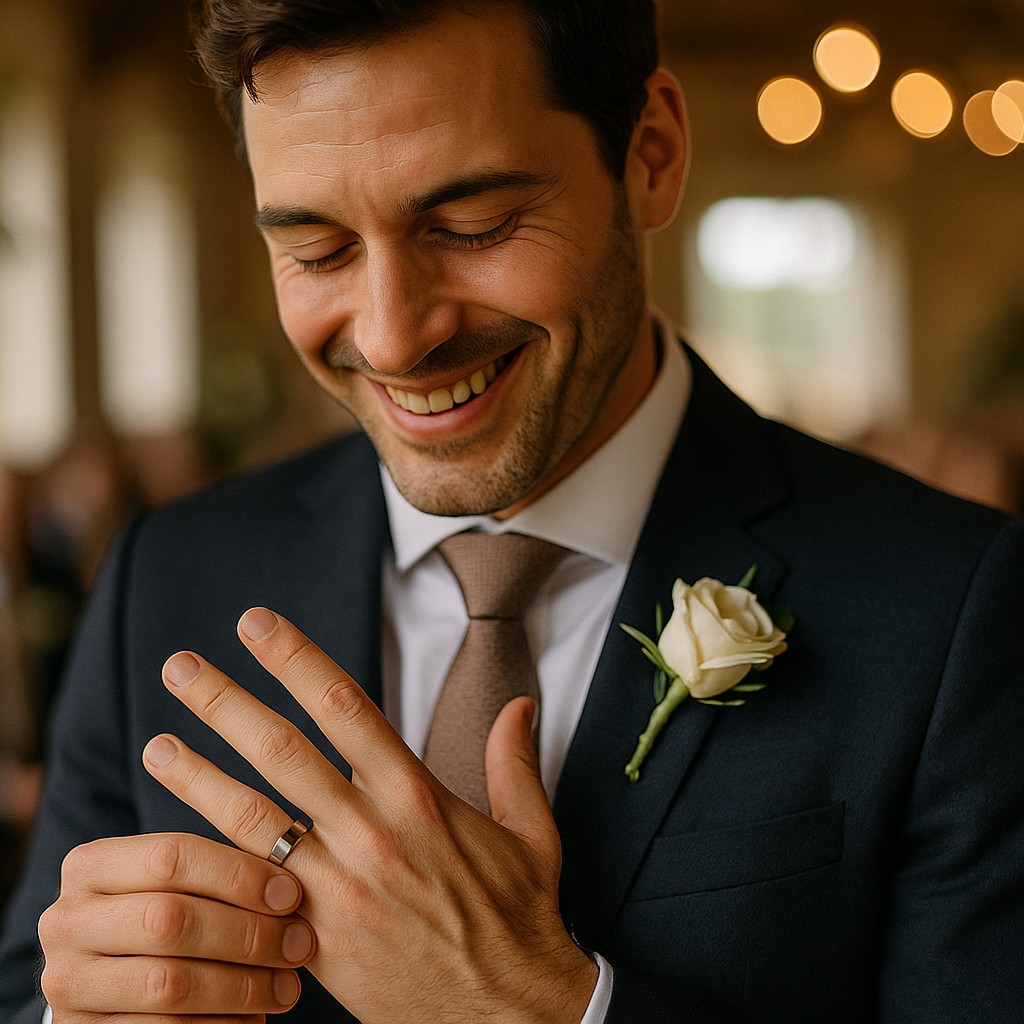 Man wearing high-quality tungsten carbide wedding band — modern men’s jewellery from Foundoria