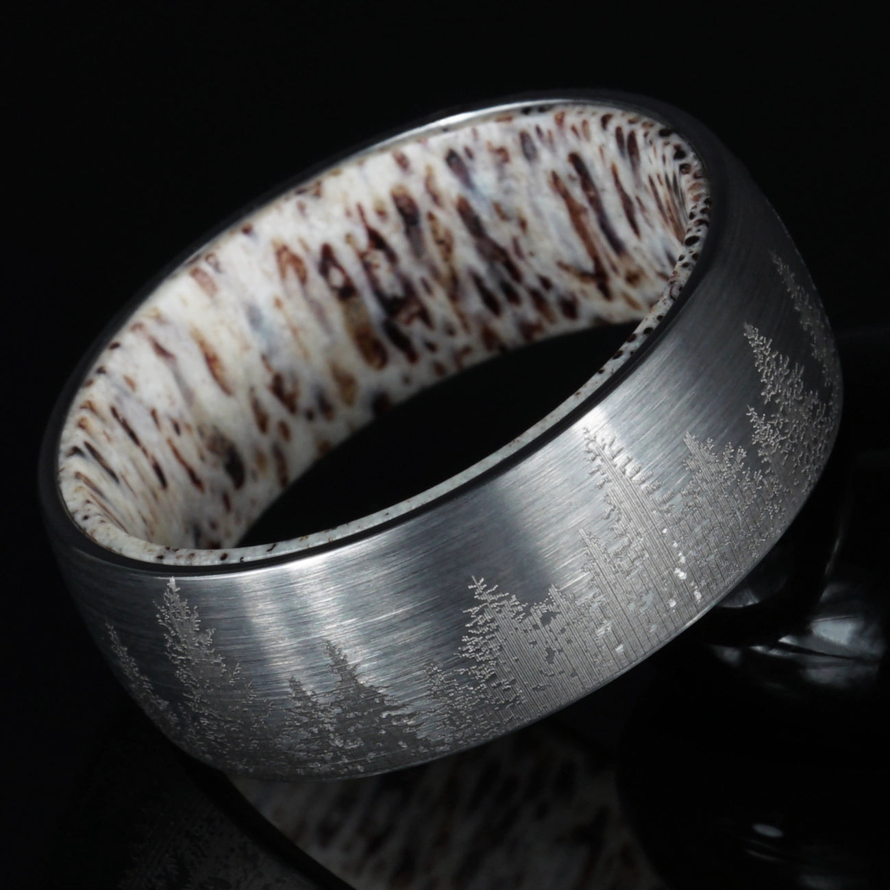 Rowan - Forest Engraved Tungsten Deer Antler Ring