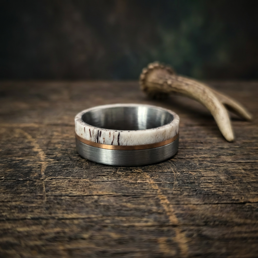 Antleris - Silver Tungsten Ring with Wide Antler - Detail View | Foundoria