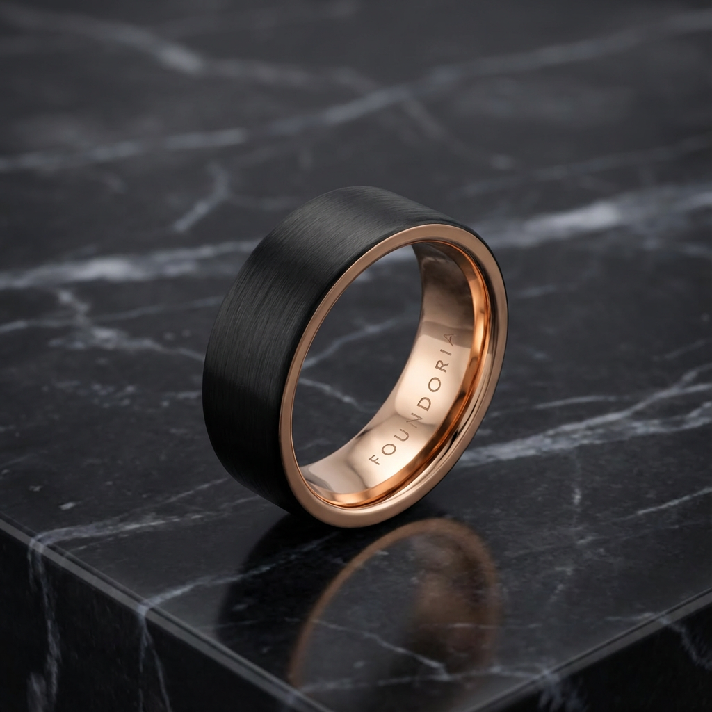 Aurin - Black Tungsten Ring with Rose Gold - Main Product Image | Foundoria