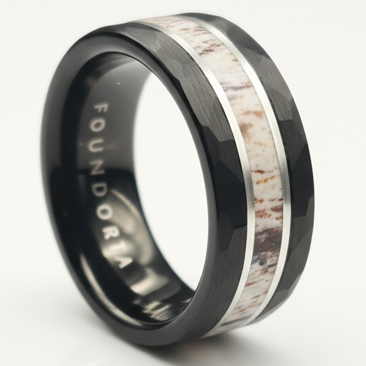Black_Hammered_Tungsten_Ring_for_men_-_Antler_and_silver_inlay