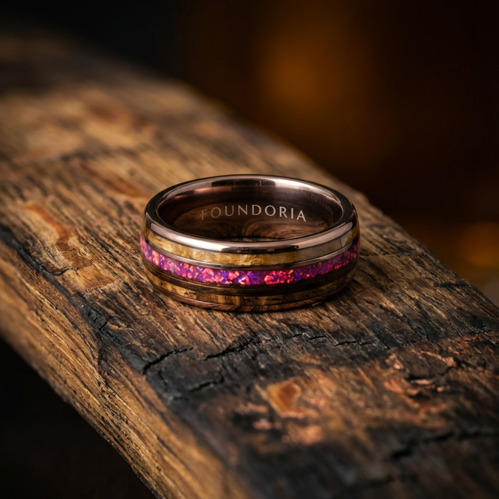Caskara - Coffee Tungsten with Red Opal and Whiskey Barrel Wood