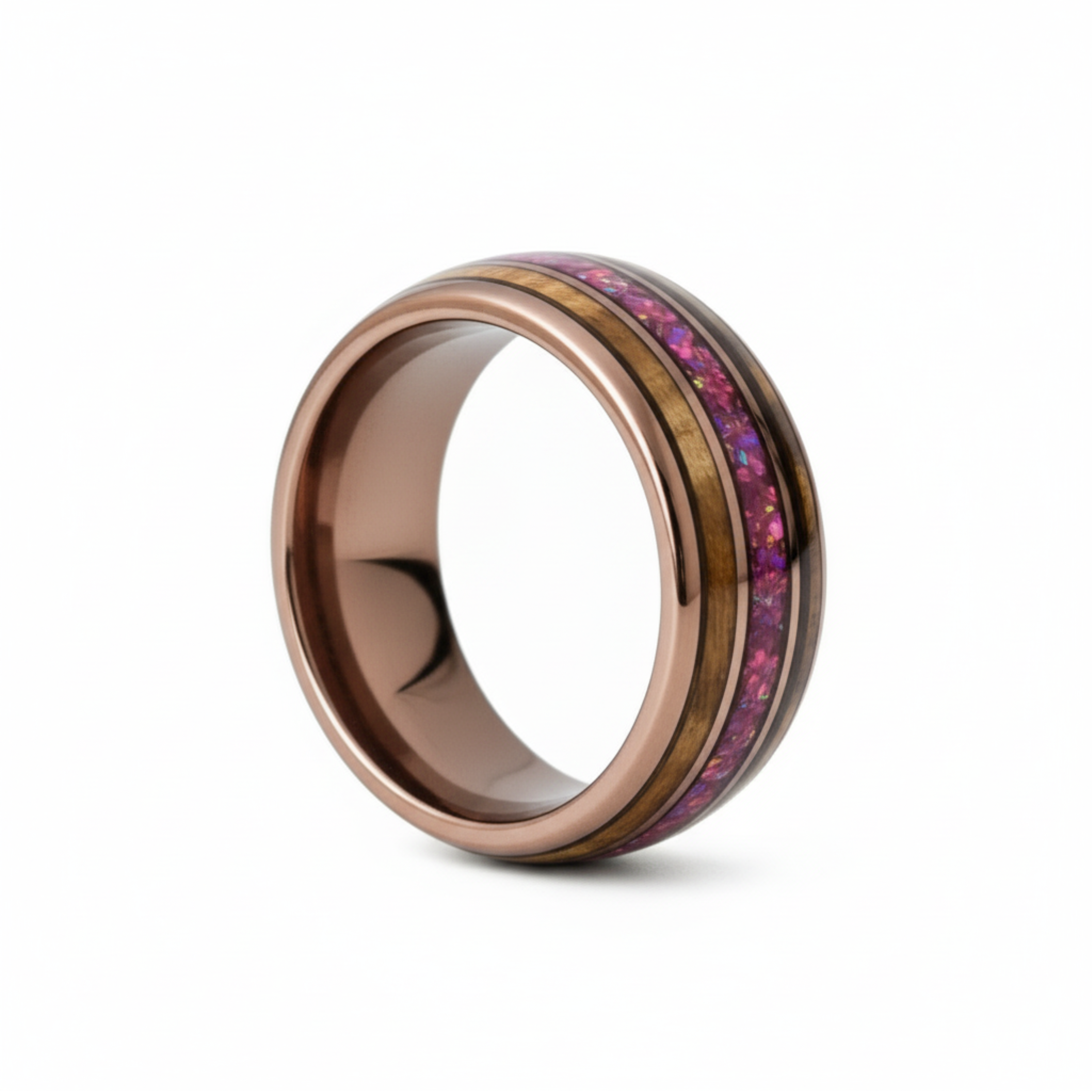 Caskara - Coffee Tungsten with Red Opal and Whiskey Barrel Wood