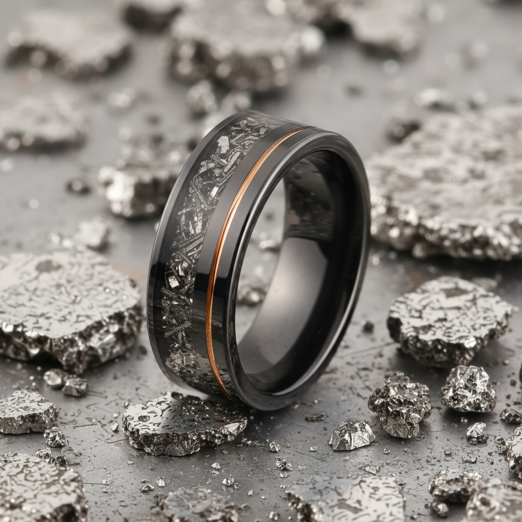 CELESTIUM Tungsten Wedding Band for Men - Meteorite, with rose gold strip
