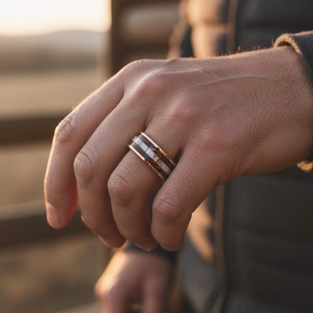 CERVUS Men's Tungsten Wedding Ring - Antler and Wood inlay, Gold band | Foundoria