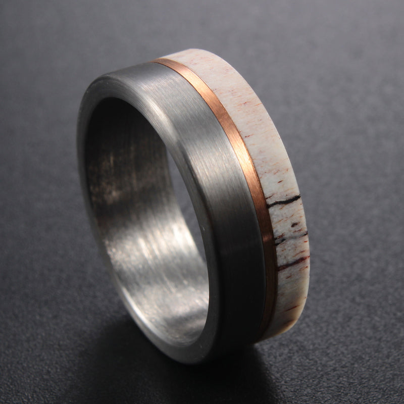 CERVUS Tungsten modern mens ring - antler and rose gold inlay - silver