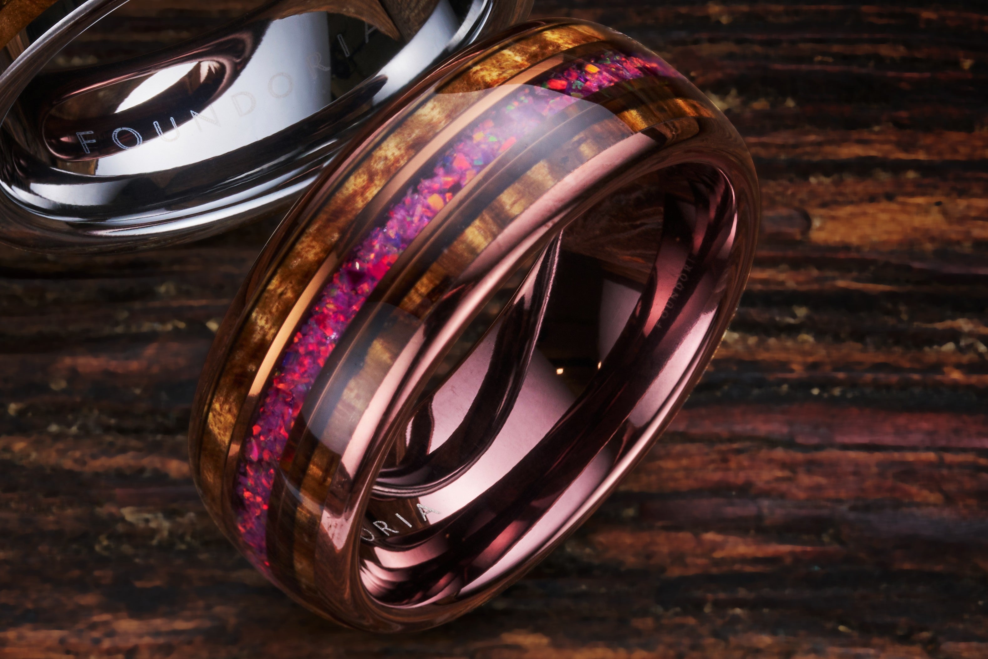 Caskara - Coffee Tungsten with Red Opal and Whisky Barrel Wood
