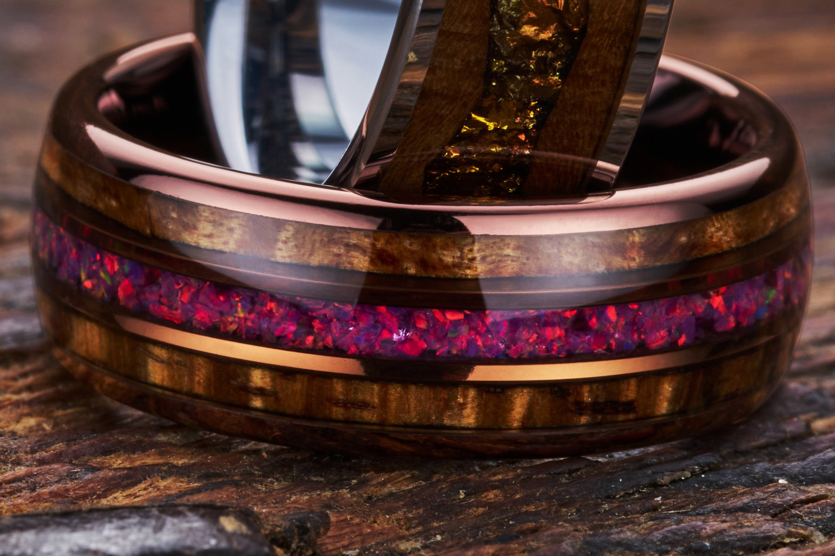Caskara - Coffee Tungsten with Red Opal and Whisky Barrel Wood