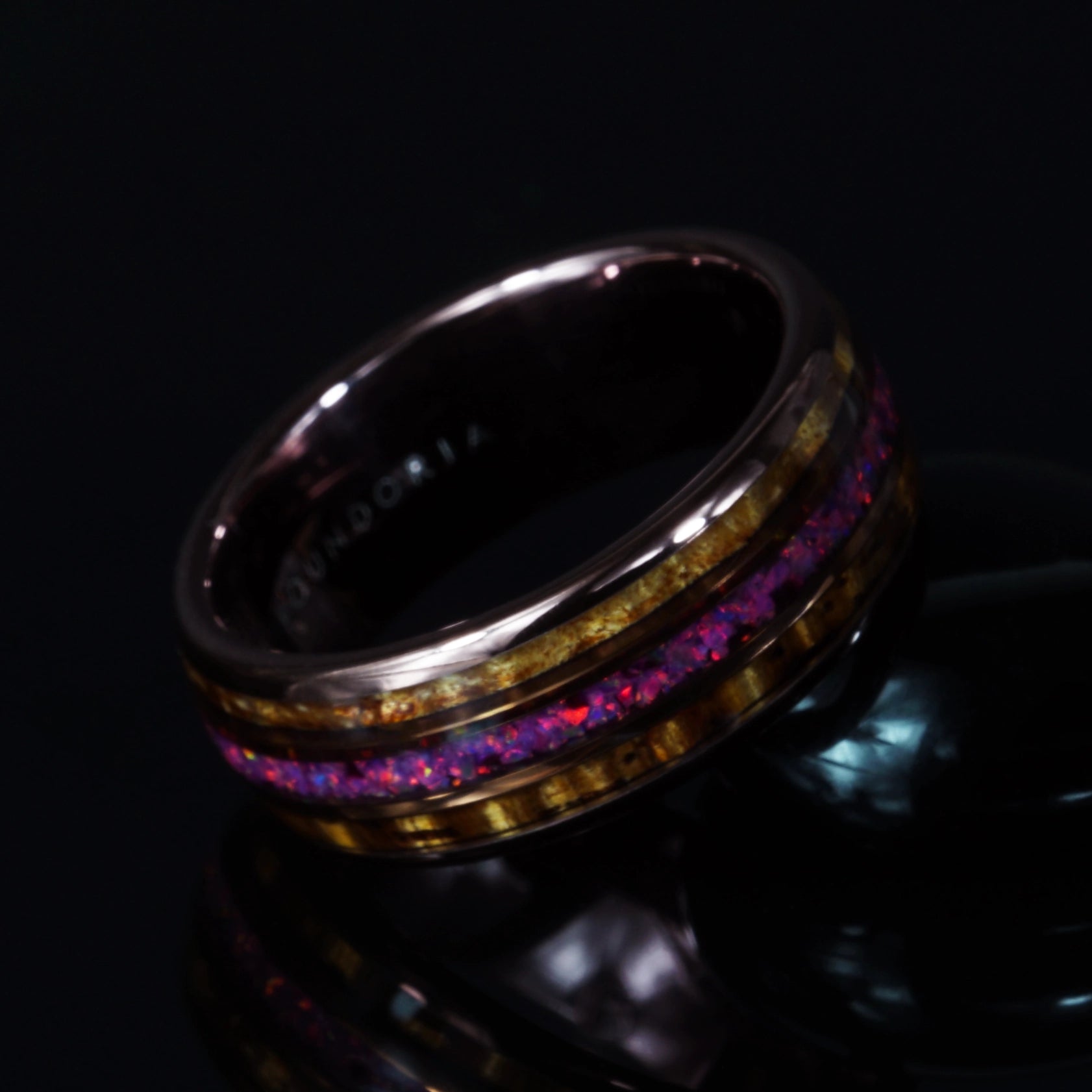 Caskara - Coffee Tungsten with Red Opal and Whisky Barrel Wood