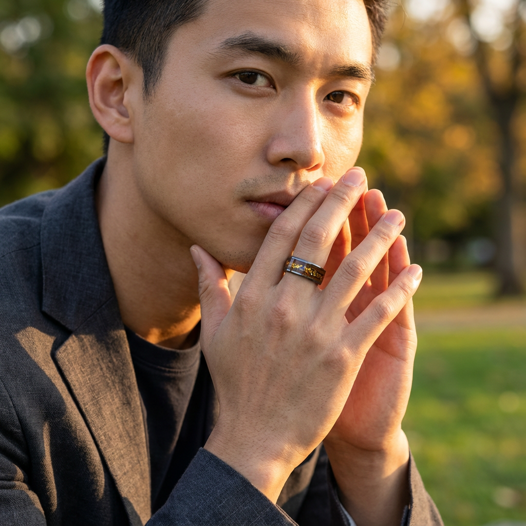 Echelon Ring by Foundoria- Tungsten with wood and gold foil inlay - Handmade