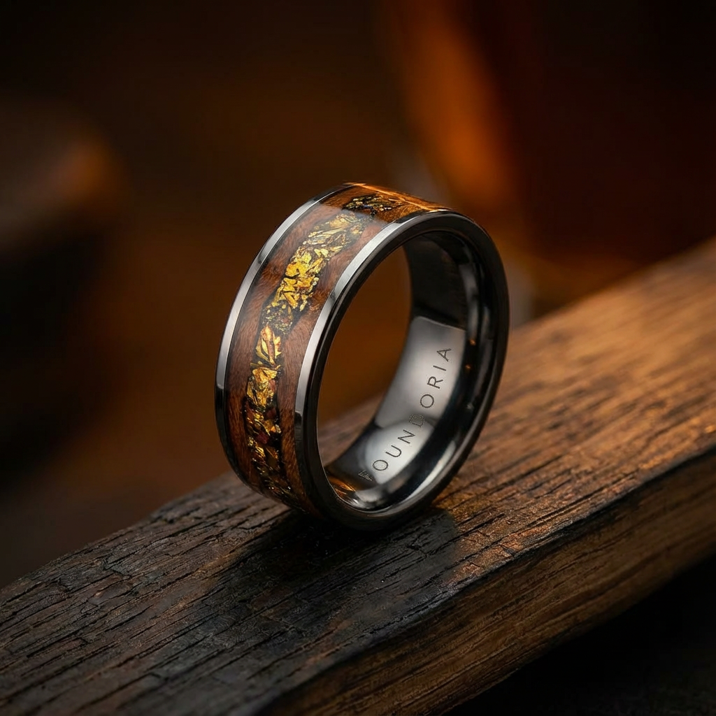 Echelon - Limited Edition Wood Tungsten Ring with Gold Tones