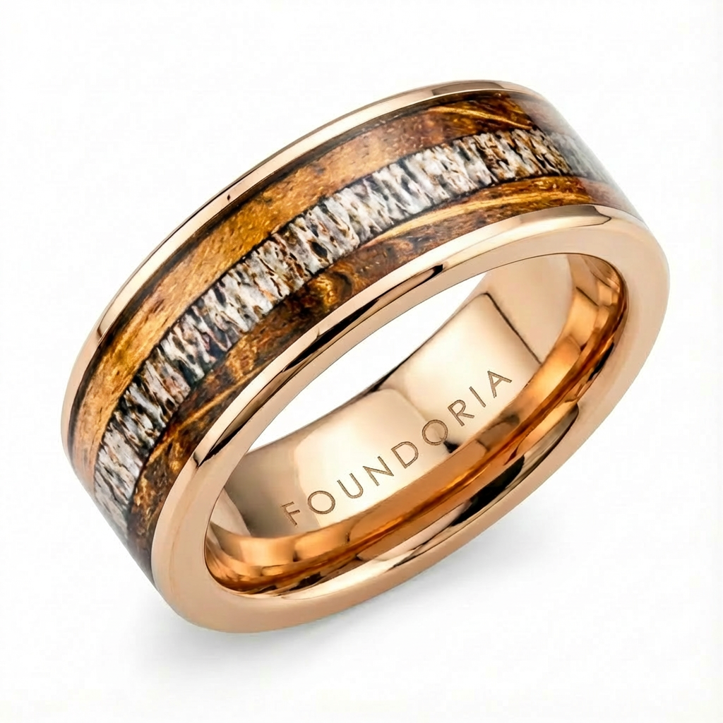 Glen - Rose Gold Tungsten Ring with Antler & Wood
