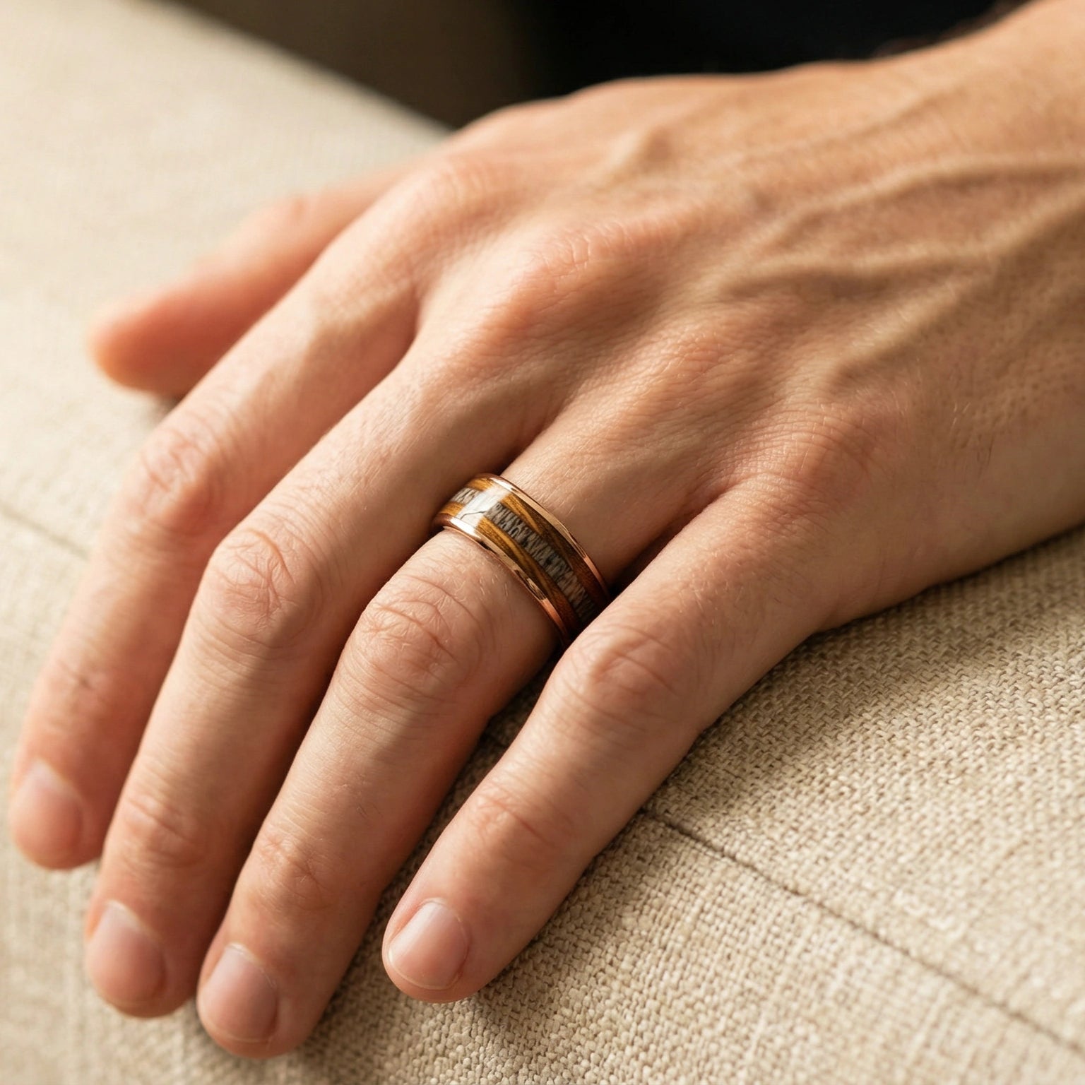 Glen - Rose Gold Tungsten Ring with Antler & Wood