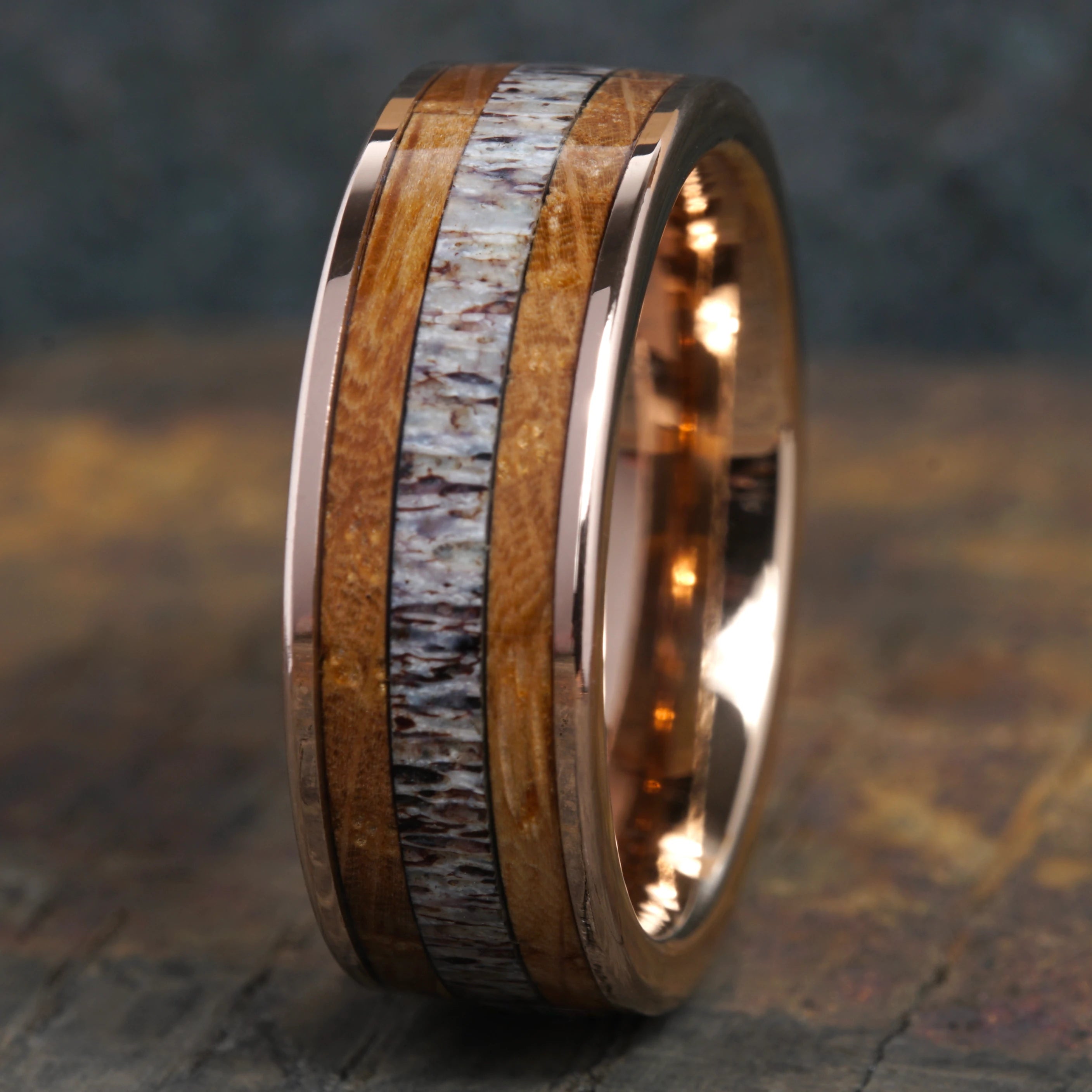 Glen - Rose Gold Tungsten Ring with Antler & Wood