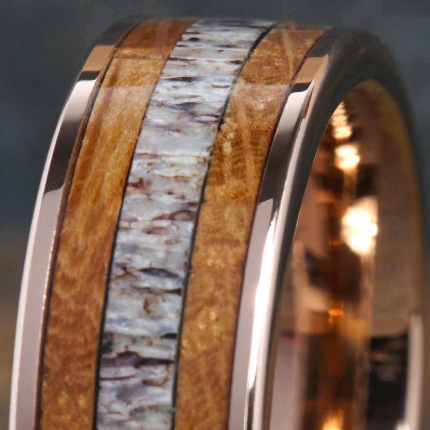 Glen - Rose Gold Tungsten Ring with Antler & Wood