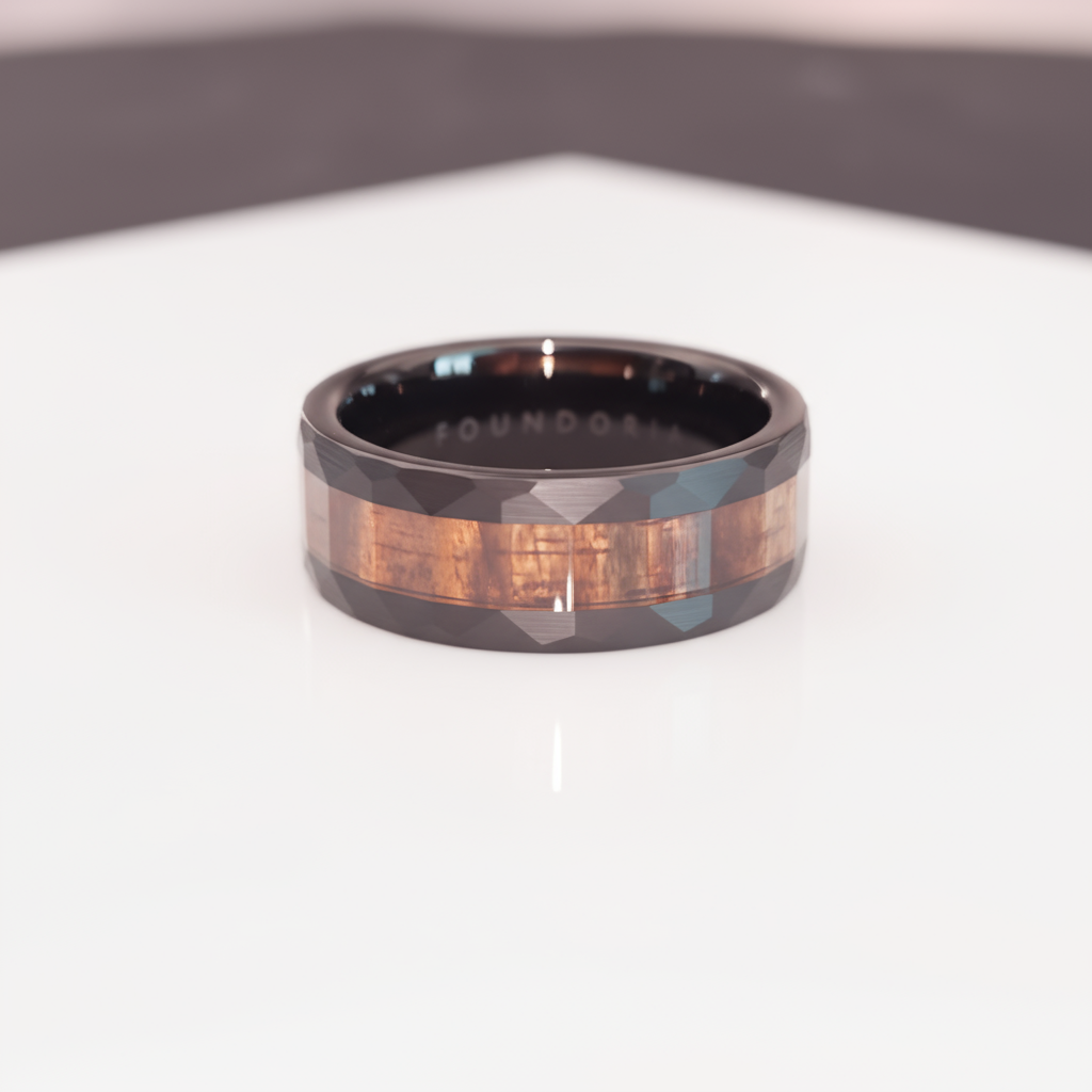 Black Wedding Band - Wood Inlay - Foundoria