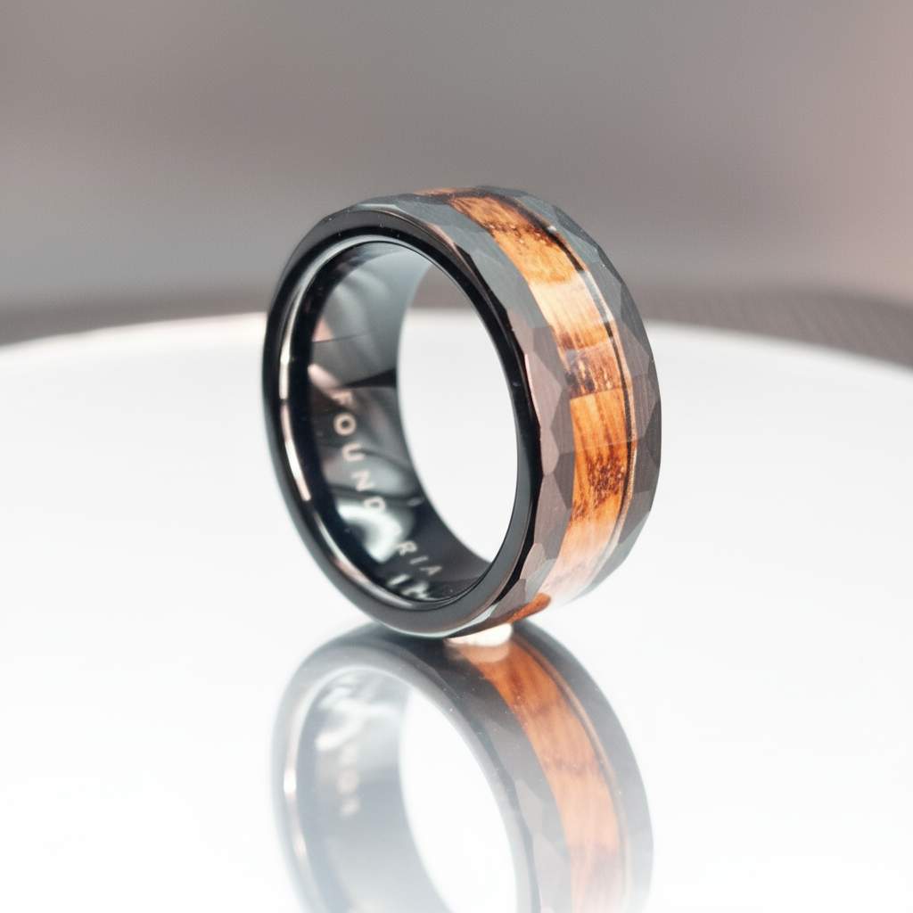 Black Wedding Band - Wood Inlay - Foundoria