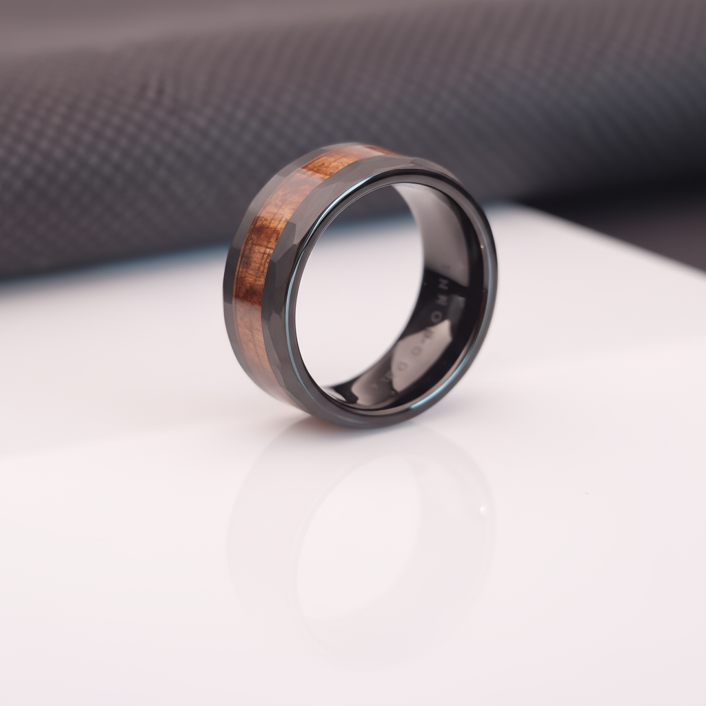 Black Wedding Band - Wood Inlay - Foundoria