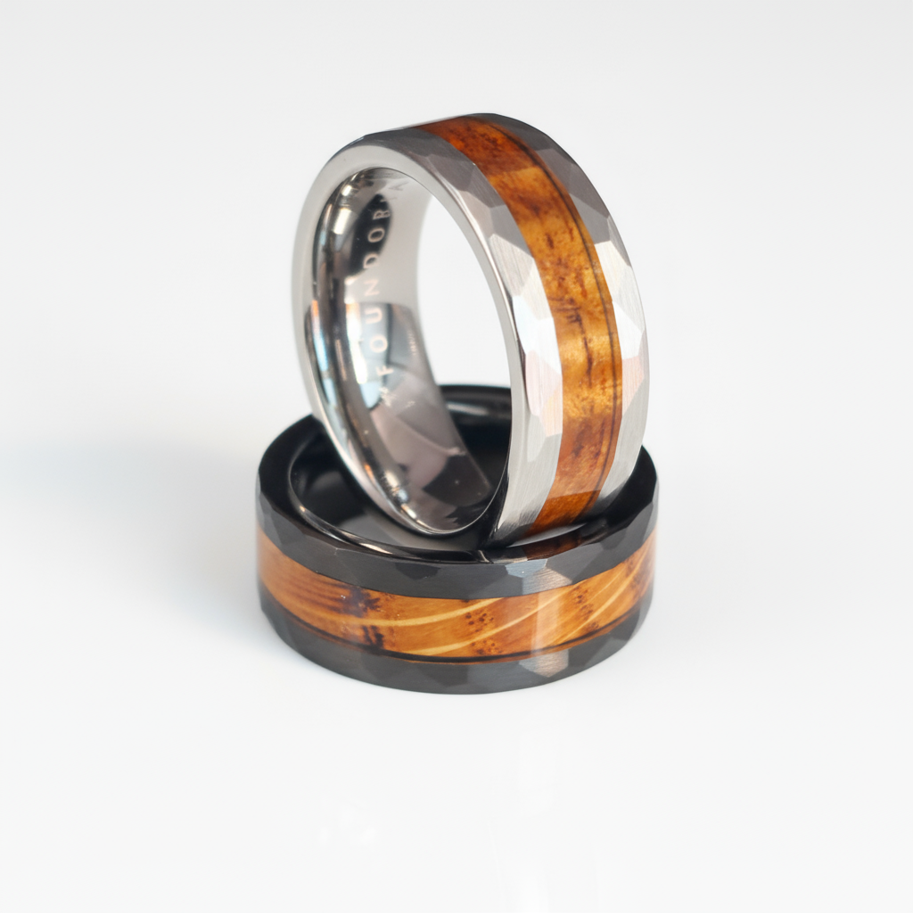 Hammered Tungsten Ring for men with whiskey wood inlay