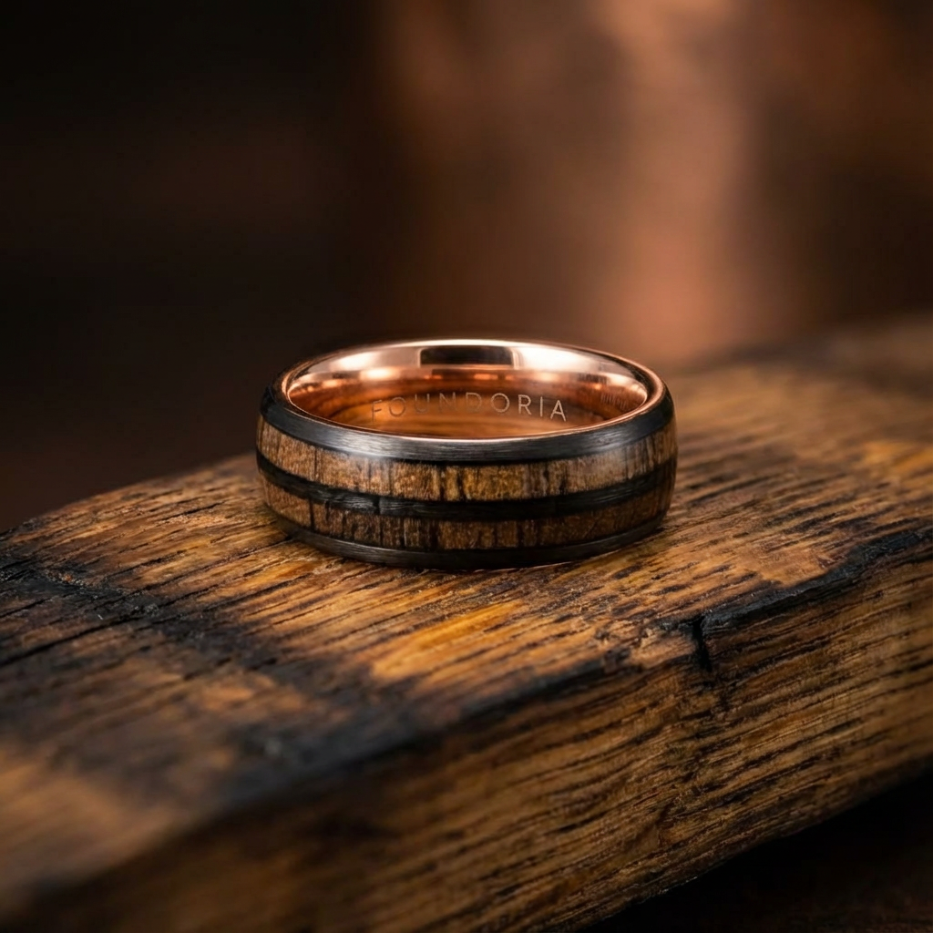 Koa - Rose Gold Tungsten Ring with Hawaiian Wood - Main Product Image | Foundoria