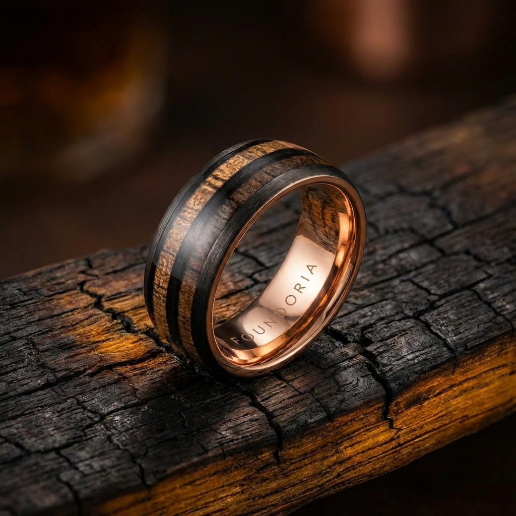 Koa - Rose Gold Tungsten Ring with Hawaiian Wood - Detail View | Foundoria