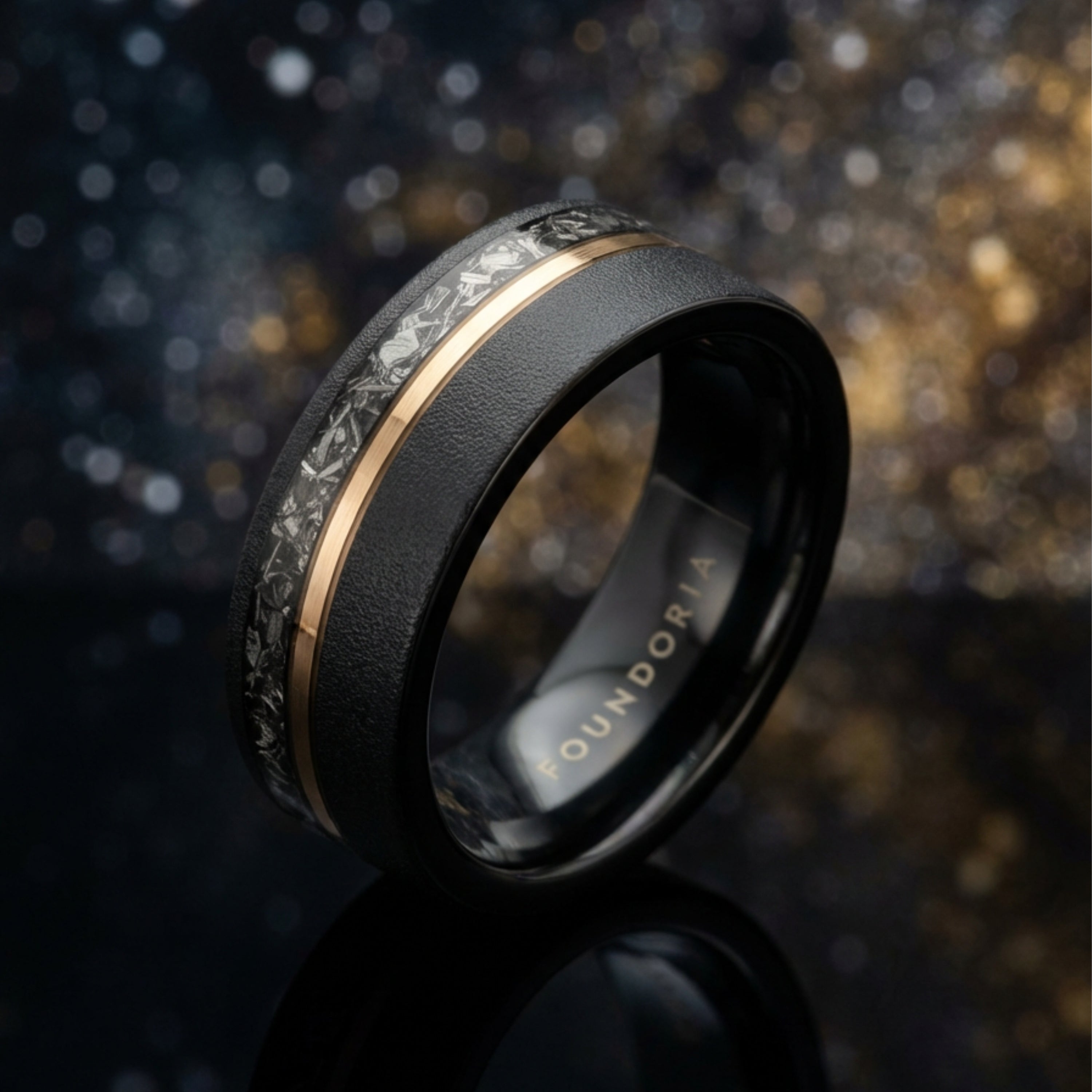 Lunaris - Tungsten Ring with Meteorite & Rose Gold