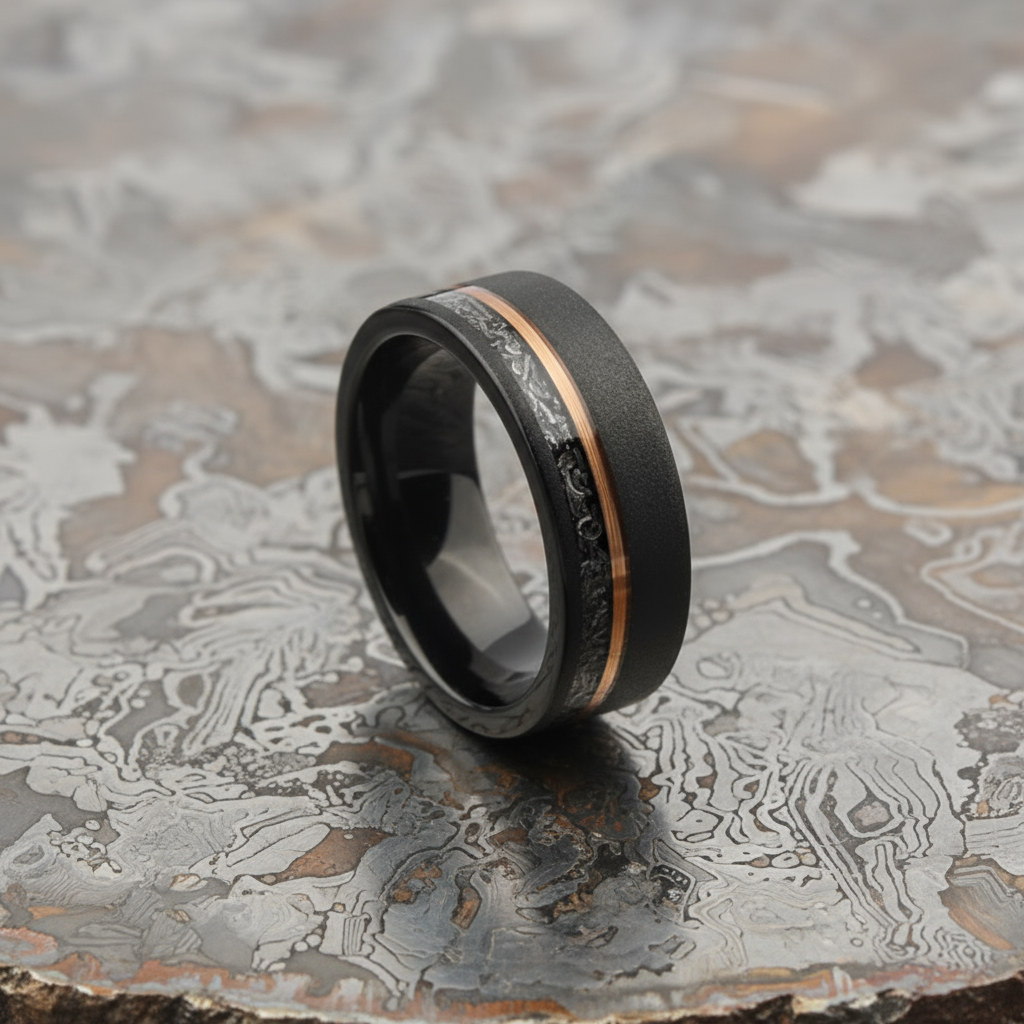 Modern men's ring | Alternative metal Meteorite Rose Gold