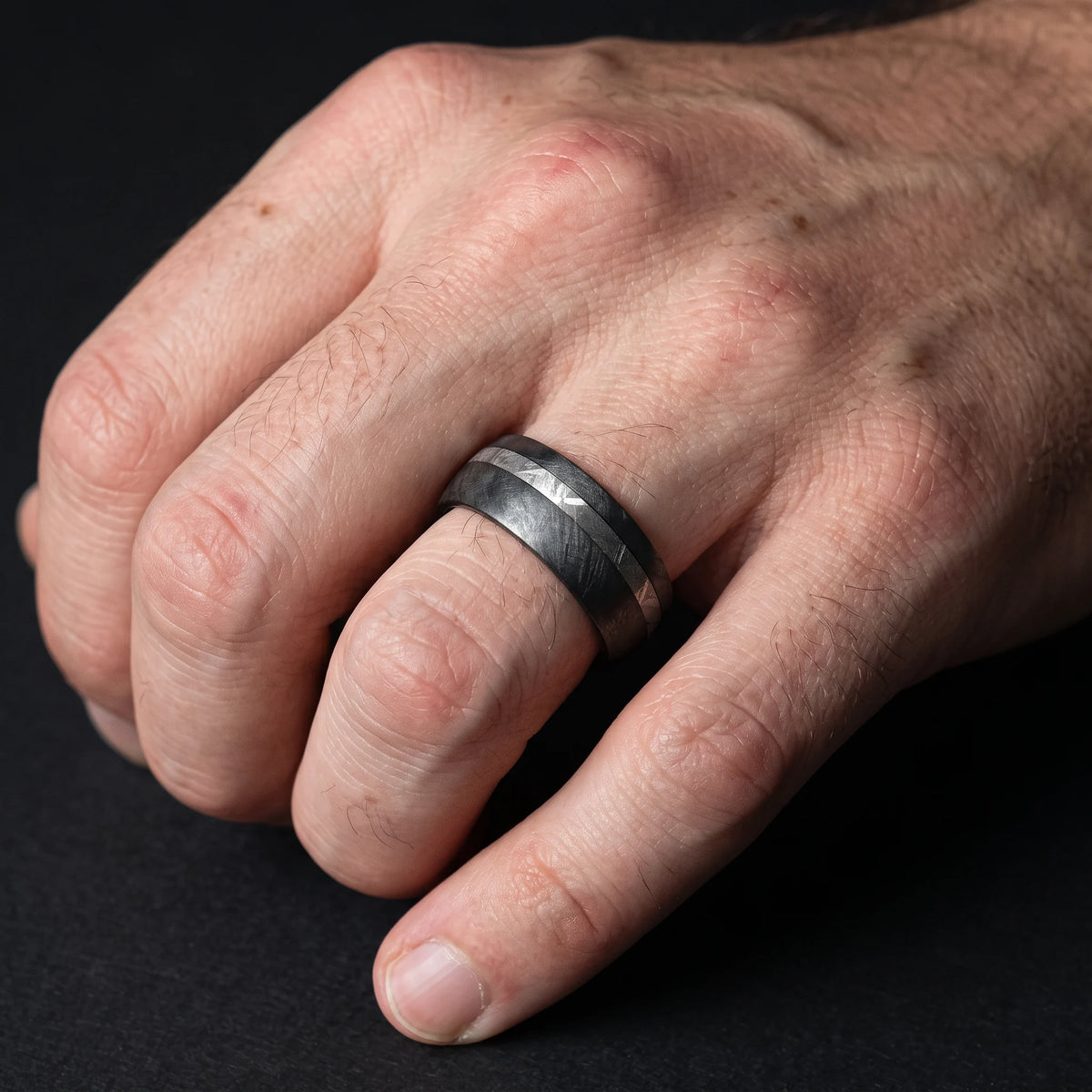 Nyx - Black Zirconium Ring with Offset Meteorite Line