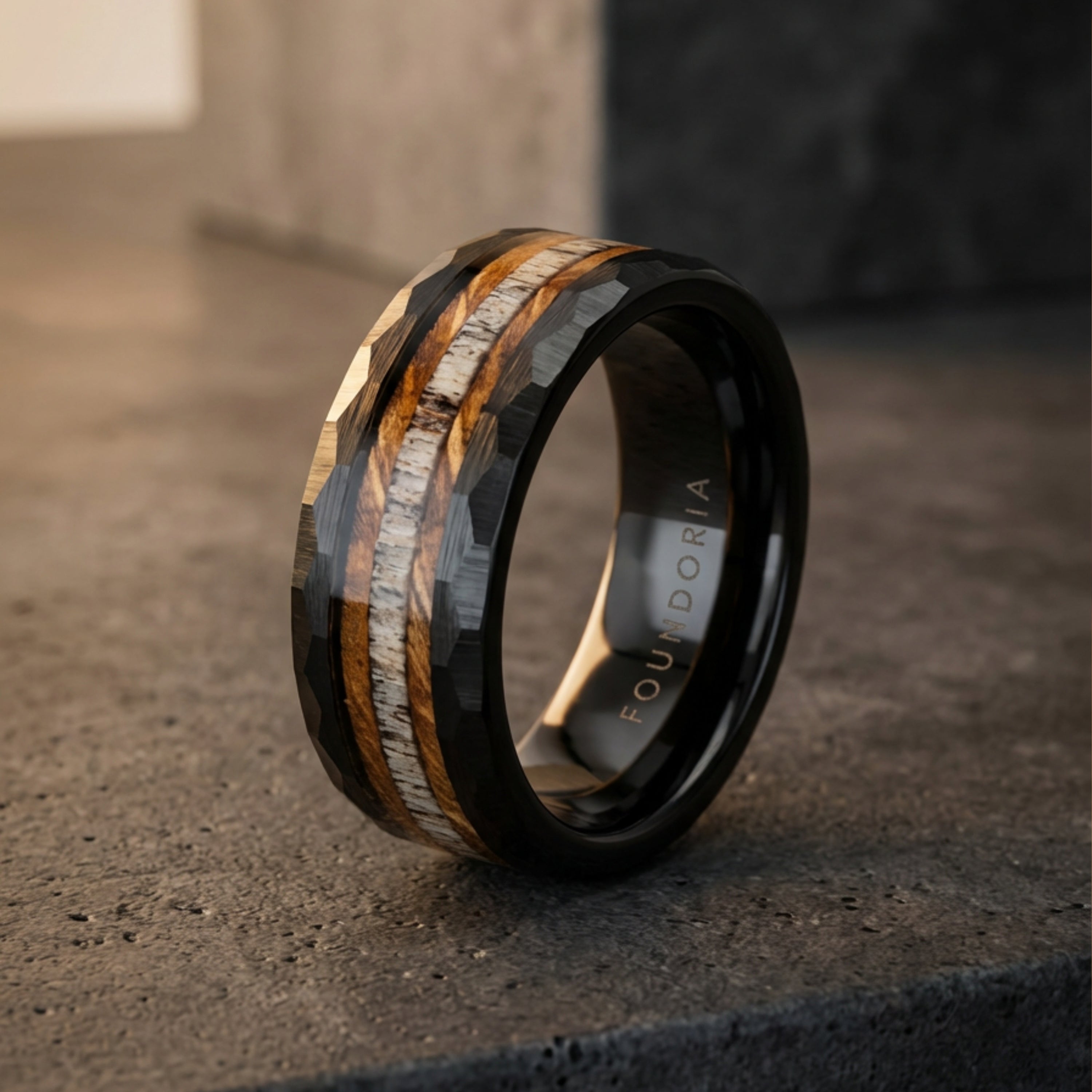 Ridge - Hammered Tungsten Ring with Antler