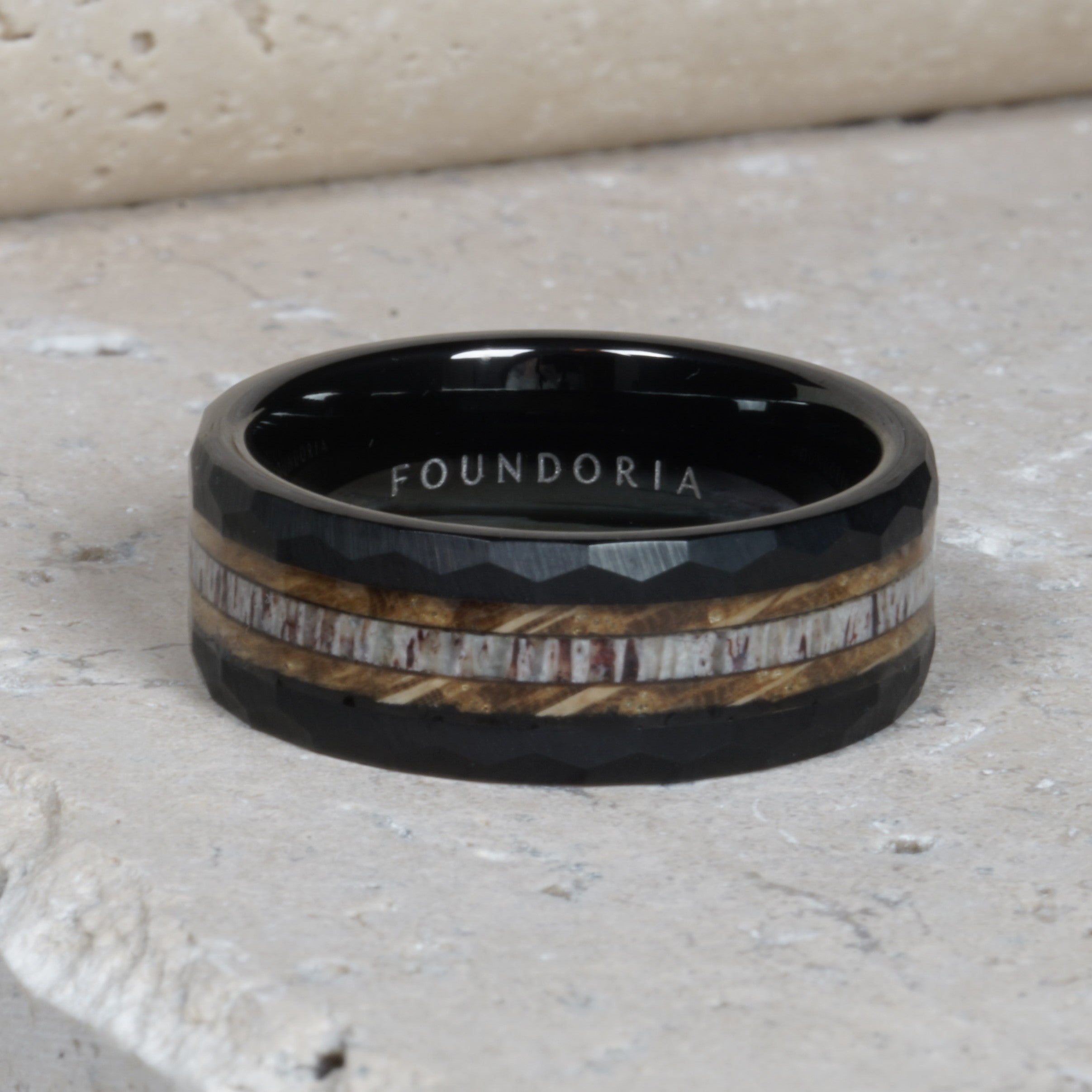 Ridge - Hammered Tungsten Ring with Antler