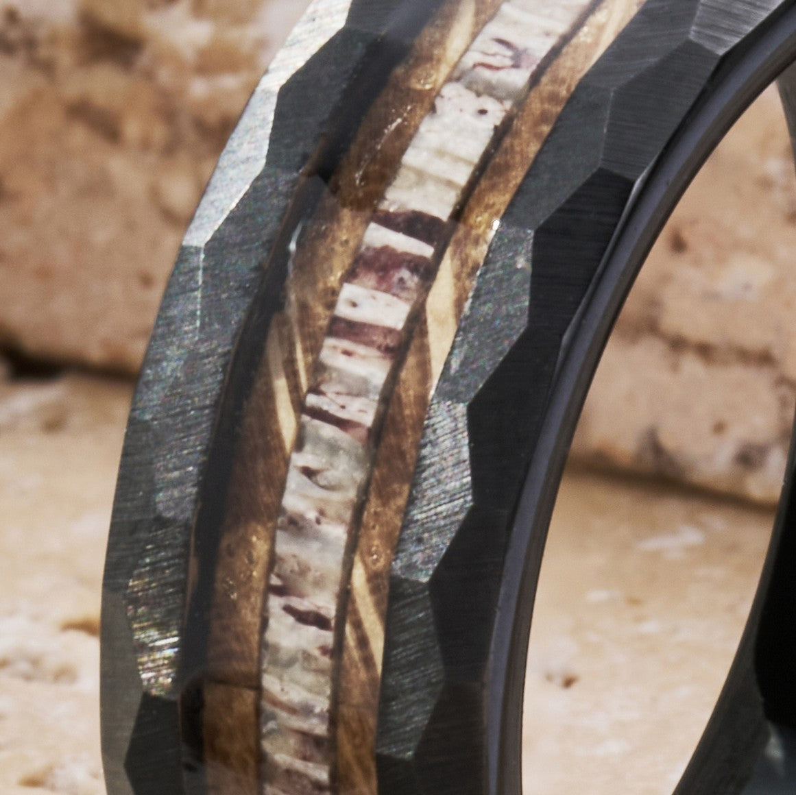 Ridge - Hammered Tungsten Ring with Antler
