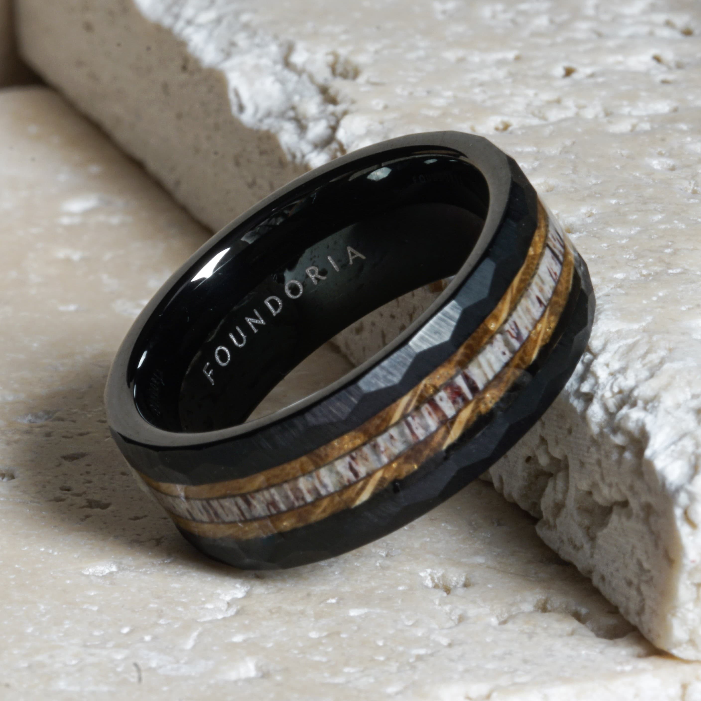 Ridge - Hammered Tungsten Ring with Antler