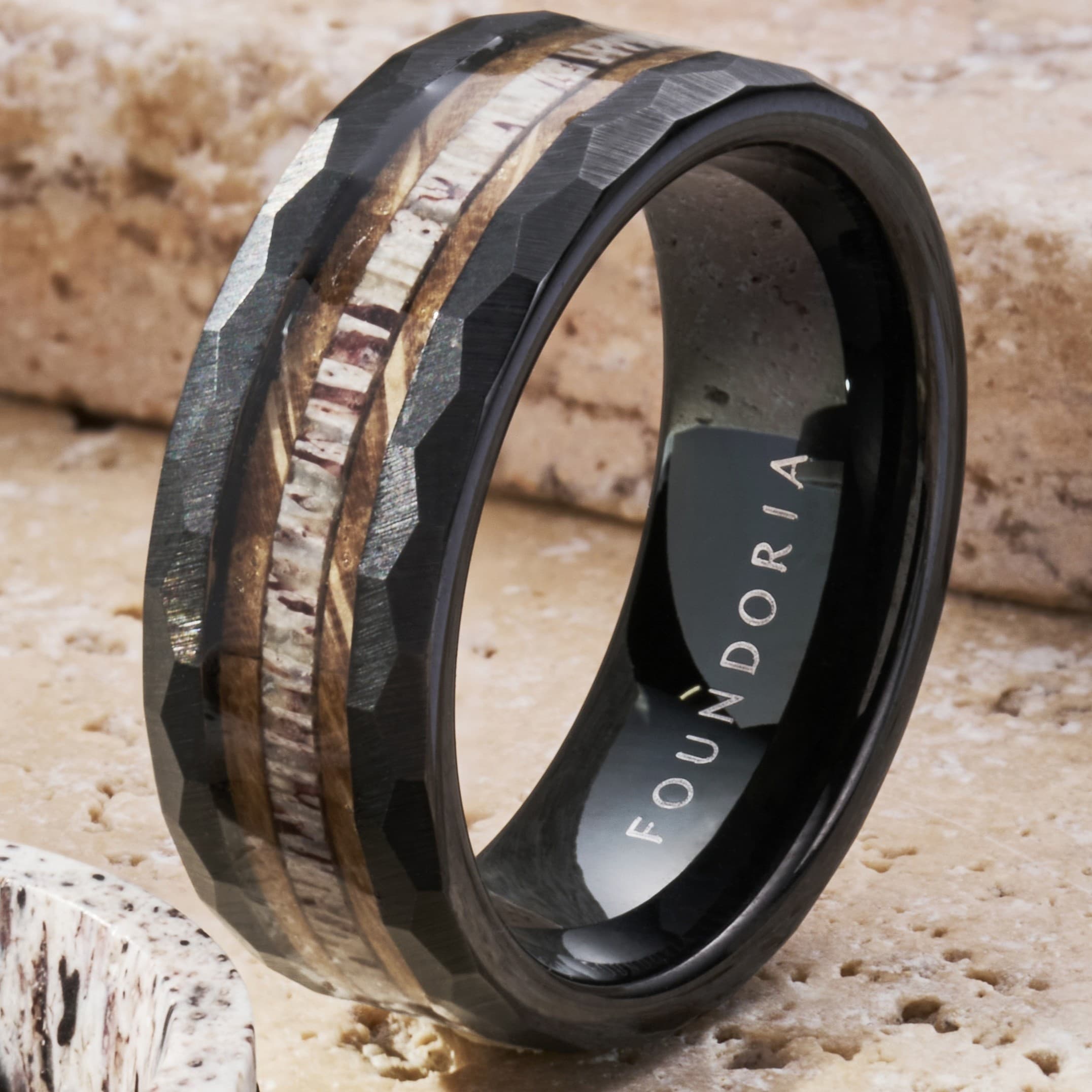 Ridge - Hammered Tungsten Ring with Antler