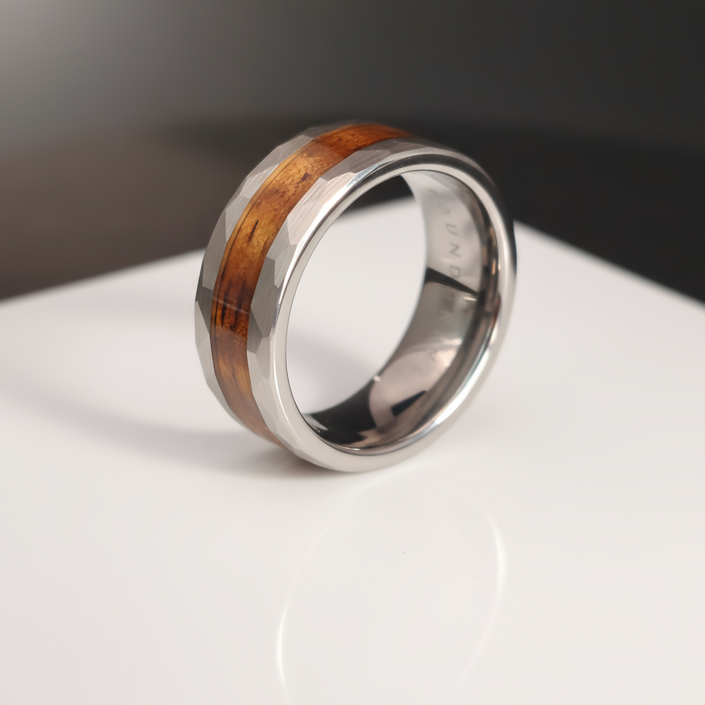 Silver ring with wooden inlay on a white surface - Foundoria