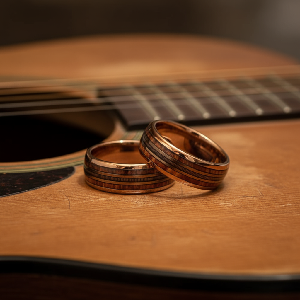 Two gold rings on a wooden surface with a blurred guitar in the background