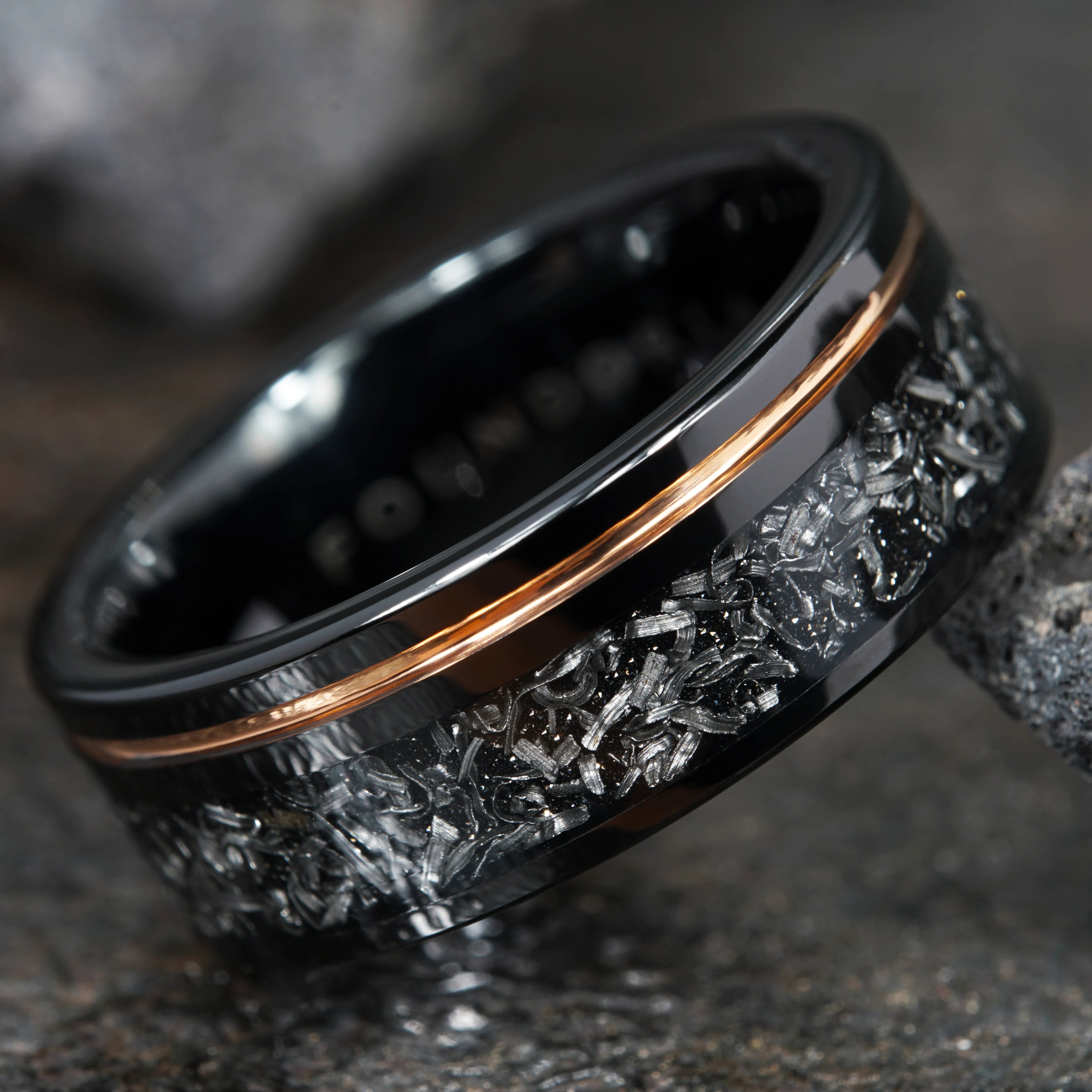 Umbra Black Polished Tungsten Meteorite Ring with Rose Gold