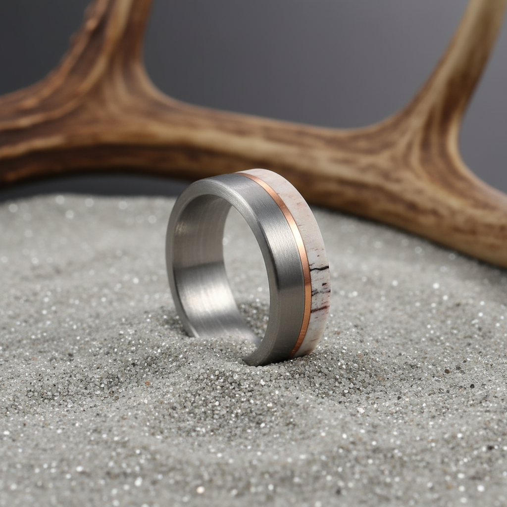 Silver ring with a rose gold accent on a textured surface with wooden stand in the background