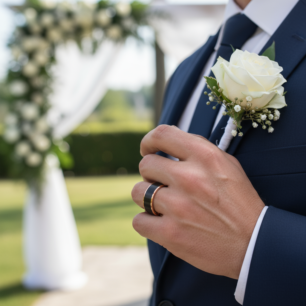 Man in a suit with a white rose boutonniere at a wedding ceremony.