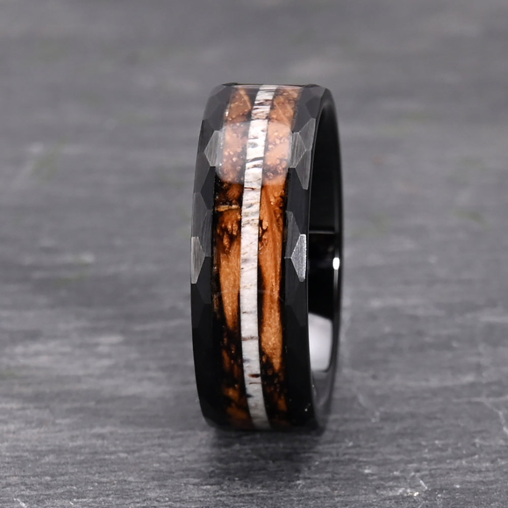 Alternative Wedding Band | Hammered Tungsten, Deer Antler, Wood Inlay