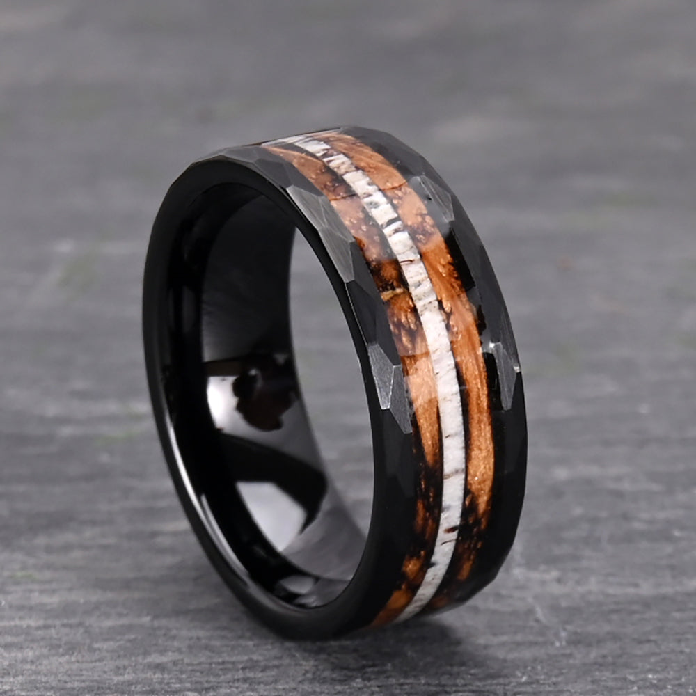 Alternative Wedding Band | Hammered Tungsten, Deer Antler, Wood Inlay