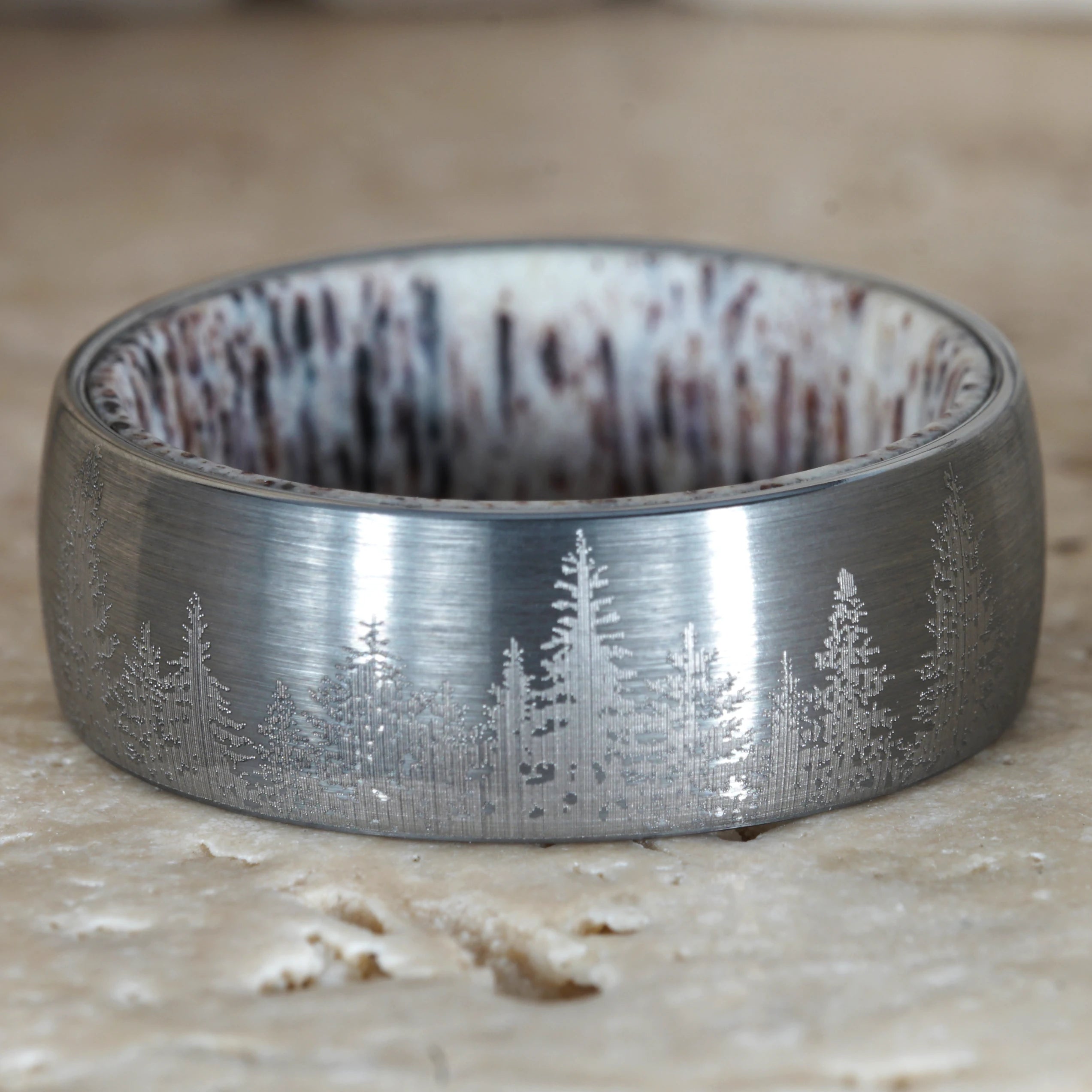 Rowan - Forest Engraved Tungsten Deer Antler Ring