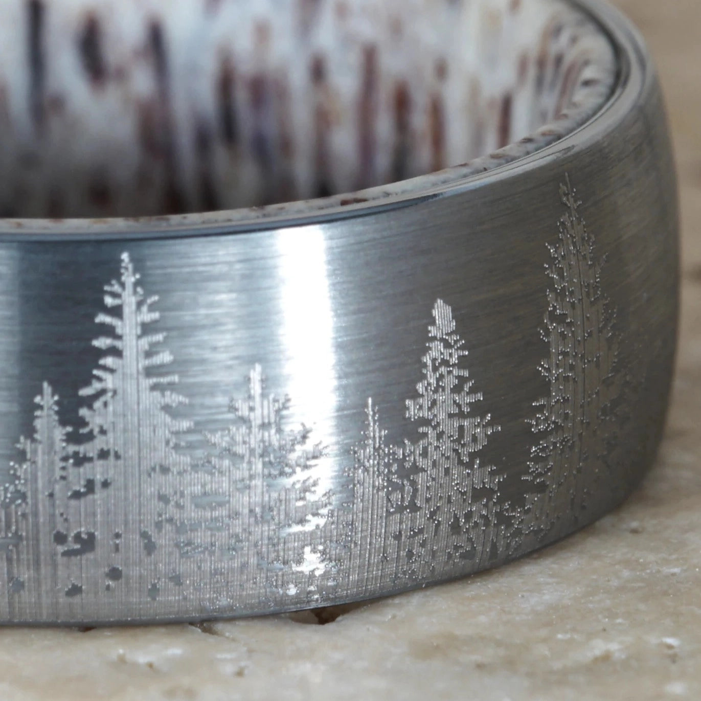 Rowan - Forest Engraved Tungsten Deer Antler Ring