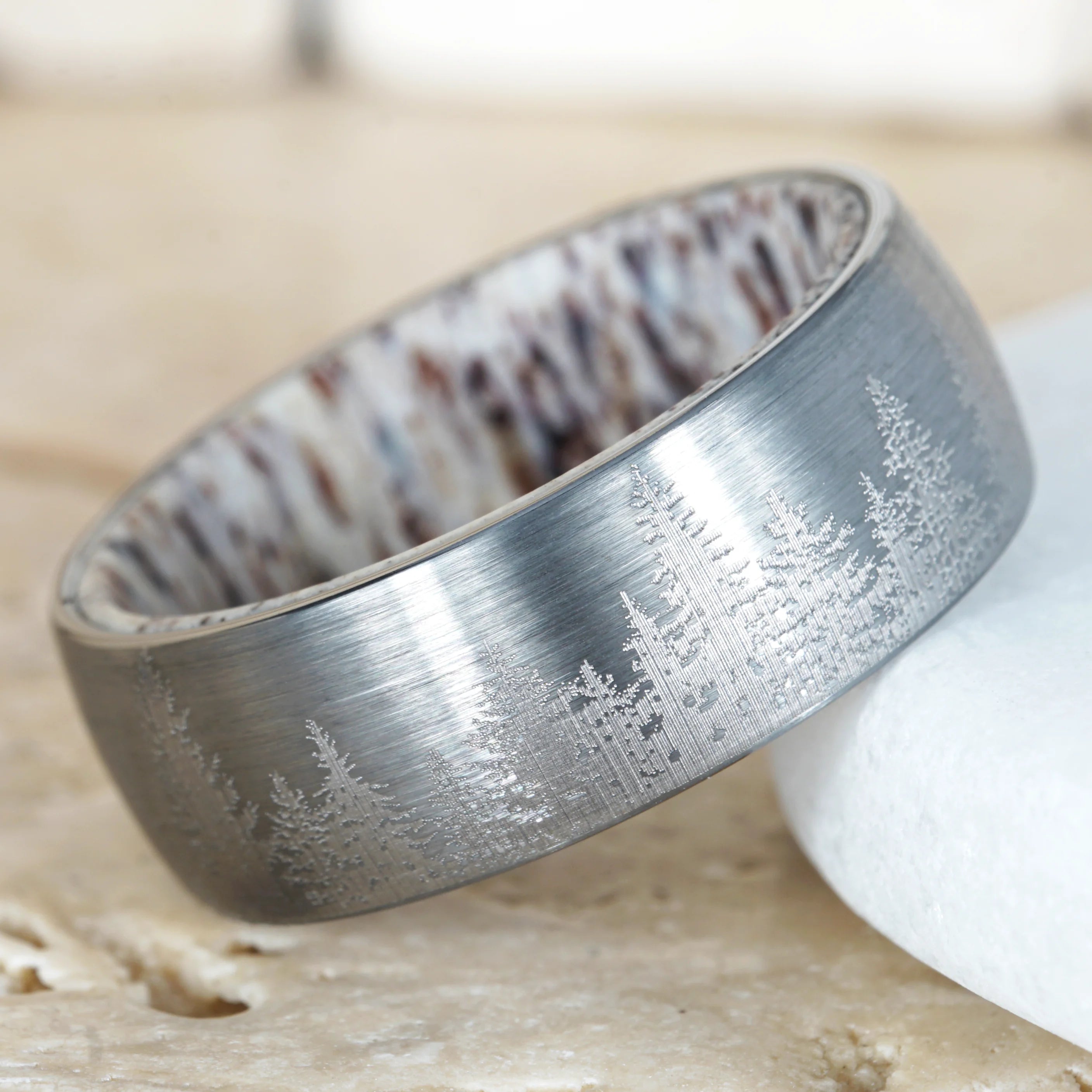 Rowan - Forest Engraved Tungsten Deer Antler Ring