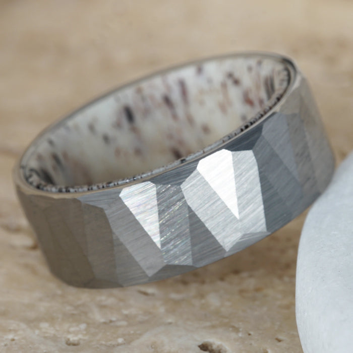 Cairn - Faceted Tungsten Ring with Scottish Deer Antler Sleeve