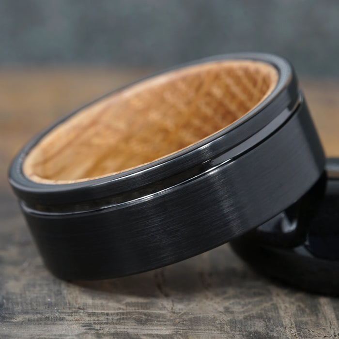 Ascent brushed black tungsten ring with whisky barrel oak
