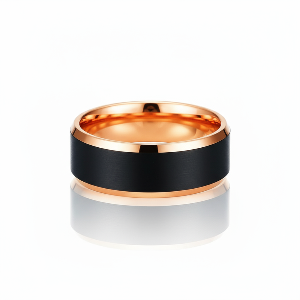 TUNGRA Tungsten Wedding Ring – 8mm Black Brushed Band with Rose Gold Sleeve