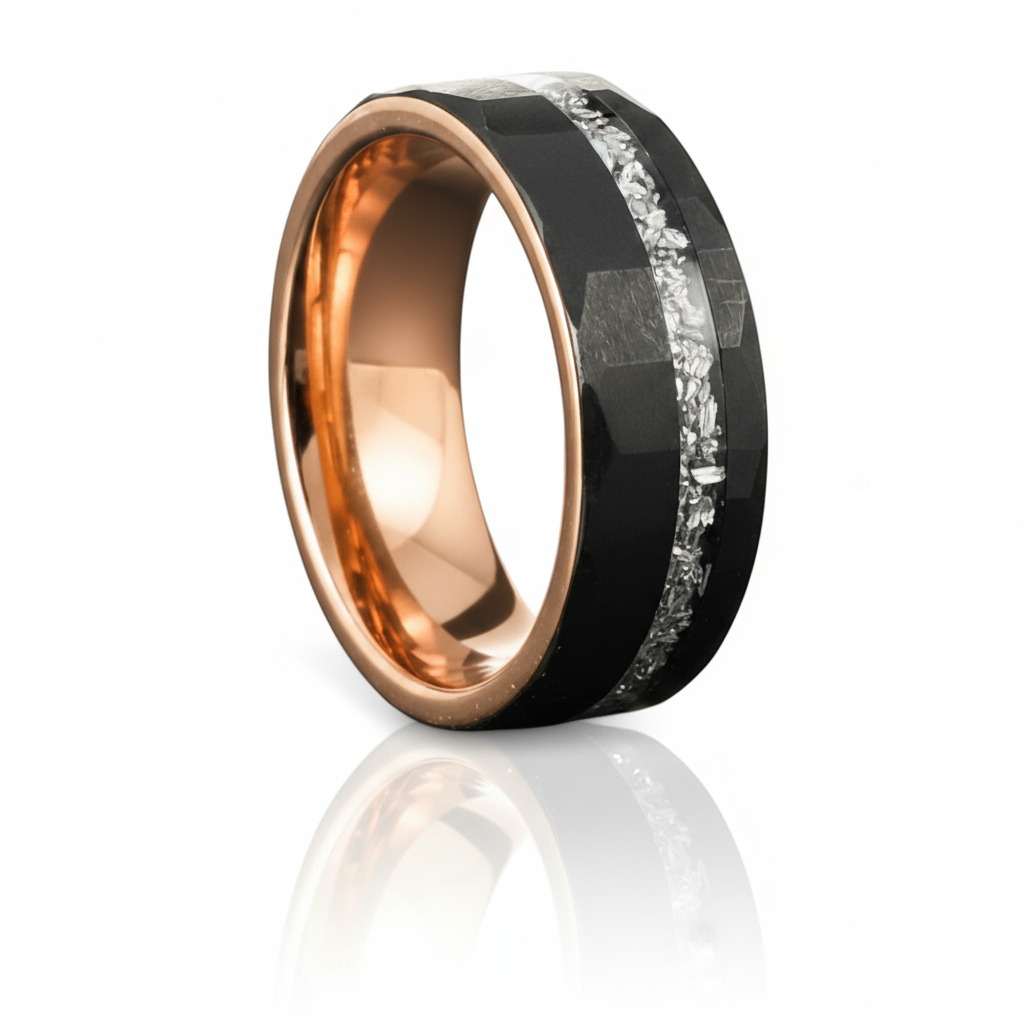 CELESTIUM Black Tungsten Wedding Ring – 8mm Hammered Band with Meteorite Inlay & Rose Gold Interior