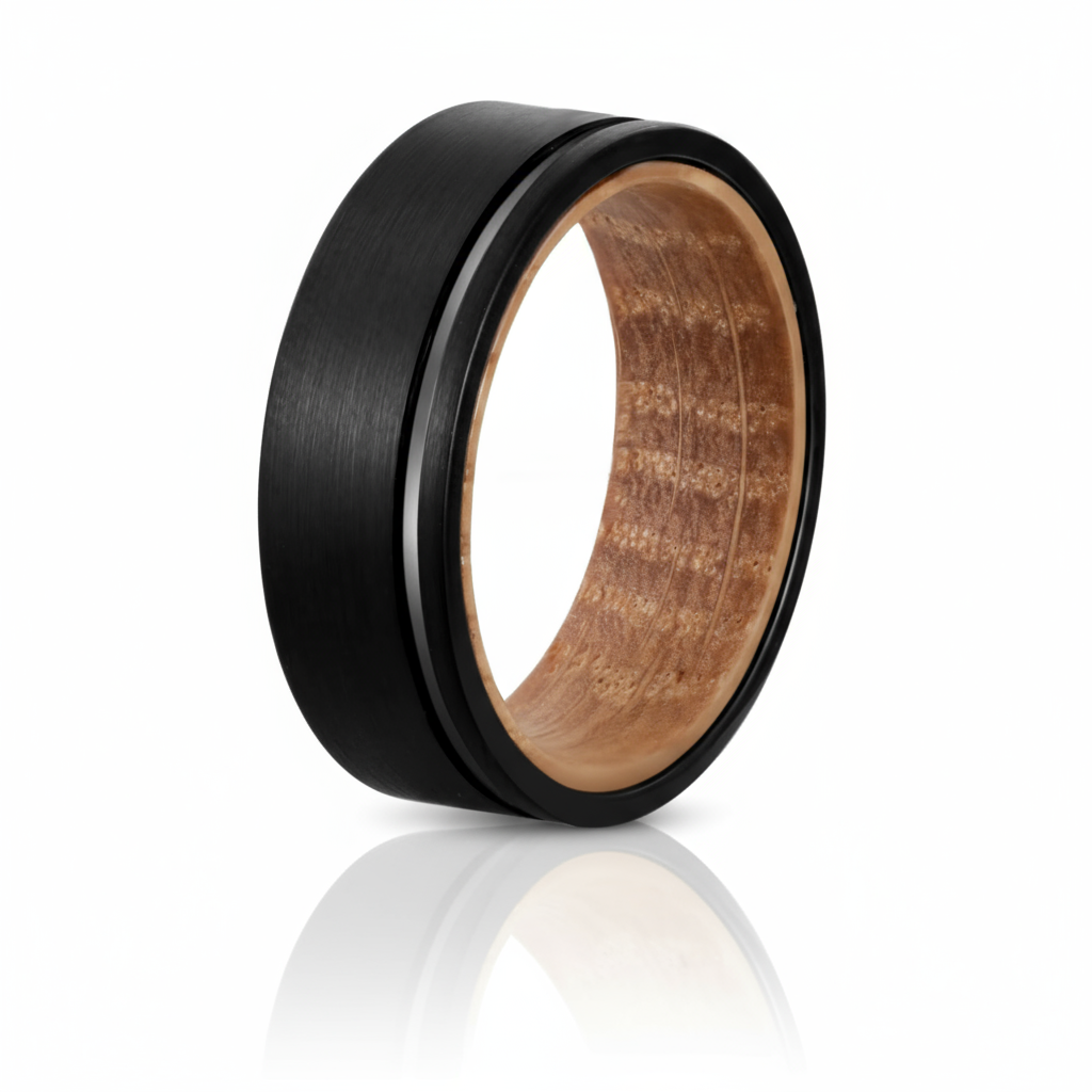 WELDWOOD Tungsten & Whiskey Barrel Ring – 8mm Matte Black with Line Detail