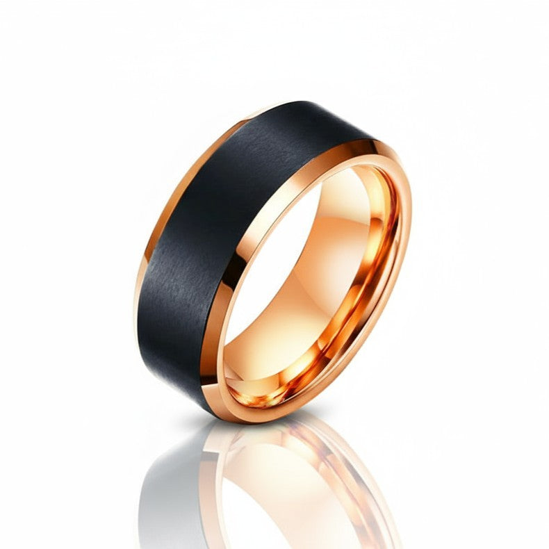 TUNGRA Tungsten Wedding Ring – 8mm Black Brushed Band with Rose Gold Sleeve
