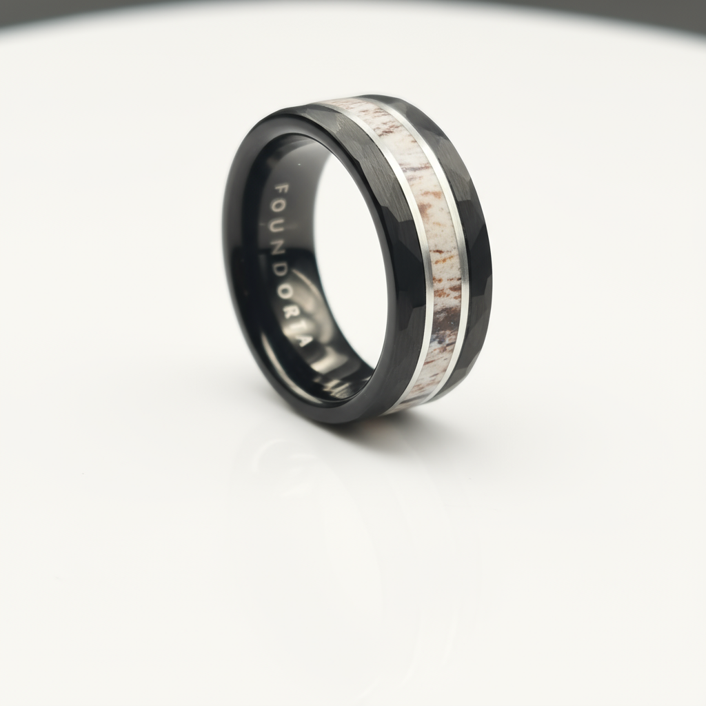 CERVUS Men’s Modern Ring - Black Hammered Tungsten with Antler inlay and silver trim - 8mm